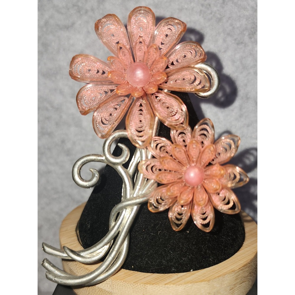VTG Pink Quilled Flower Brooch Silver Tone Filigree Floral Romantic 3.25 Inch